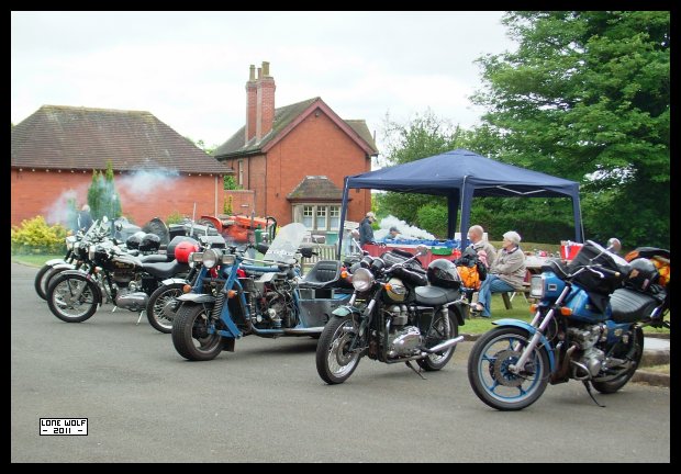 DOT, Kim's Bonnie, and Andy V's Suzuki - parked up at Millmeece pumping station.
