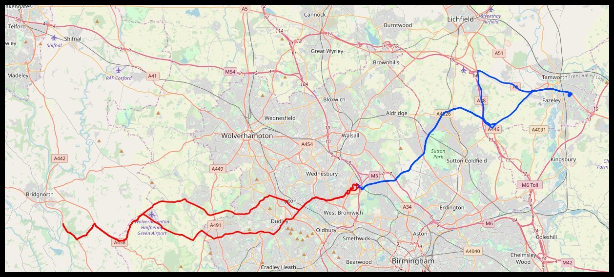 Blue to Tamworth  -   Red to the cafe
